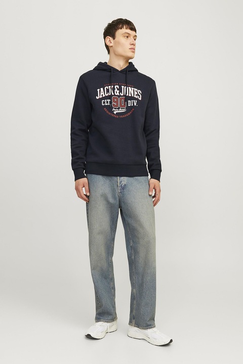 Jack & Jones, Kapucnis pamuttartalmú pulóver logómintával, Fehér/Sötétkék/Sötétpiros