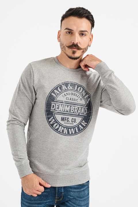Jack & Jones, Bluza de trening din bumbac cu imprimeu, Gri deschis melange, 2XL