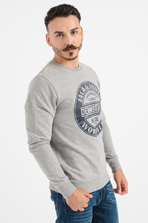 Jack & Jones, Bluza de trening din bumbac cu imprimeu, Gri deschis melange, 2XL