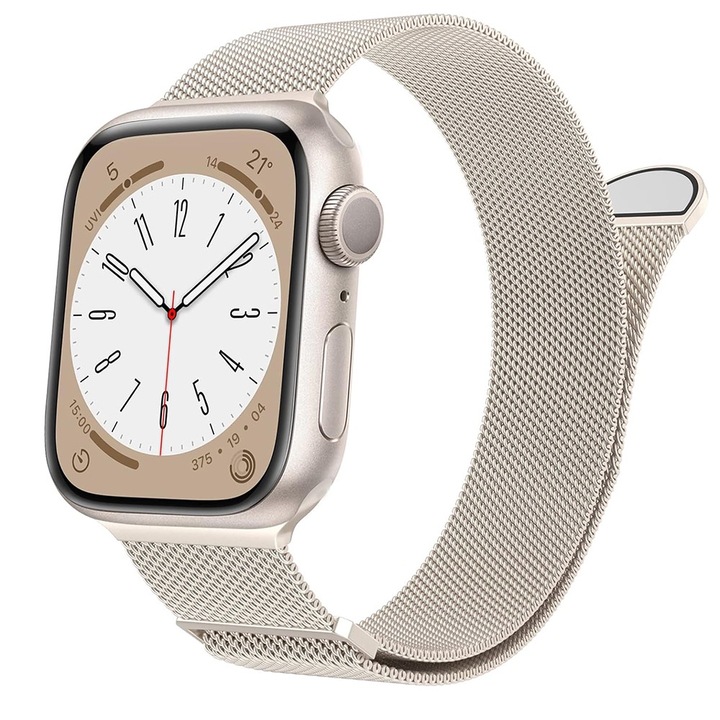 Метална каишка, за Apple Watch Ultra/SE/9/8/7/6/5/4/3/2/1 - 38/40/41 мм, Vaxiuja, регулируема, магнитна катарама, неръждаема стомана, цвят звезда