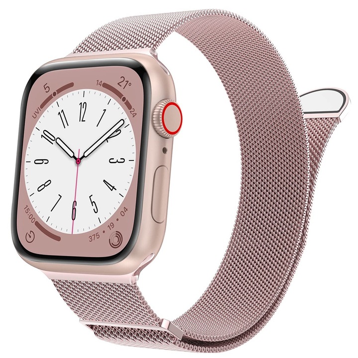 Fém Milanese szíj, Apple Watch Ultra/SE/9/8/7/6/5/4/3/2/1 - 38/40/41 mm, Vaxiuja, állítható, mágneses csat, rozsdamentes acél, prémium, Rose Pink