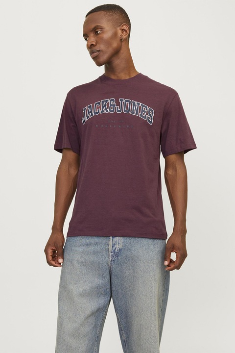 Jack & Jones, Kerek nyakú pamutpóló logómintával, Sötétkék/Bíborszín