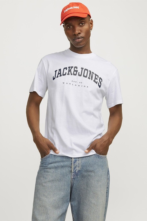 Jack & Jones, Tricou cu decolteu la baza gatului si imprimeu logo, Albastru ultramarin/Alb optic
