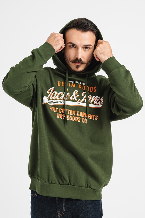 Jack & Jones, Худи с памук, Тъмнозелен/Канелено кафяво