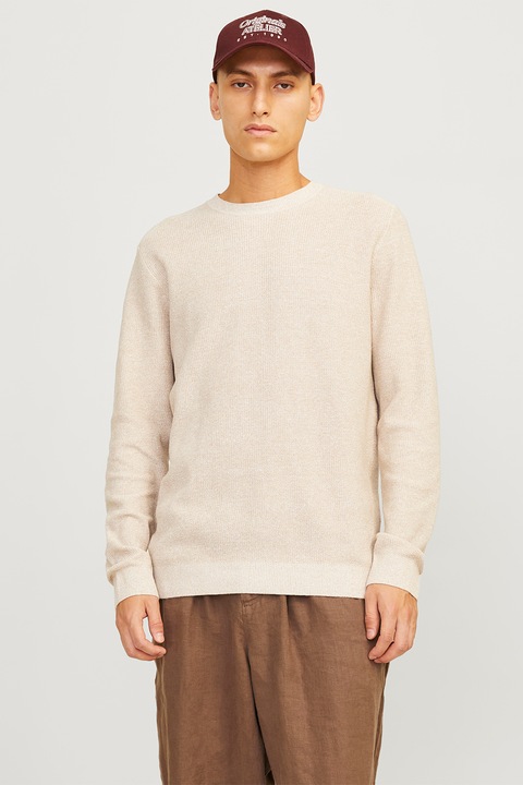 Jack & Jones, Памучен пуловер с релеф, Светло бежово, 2XL
