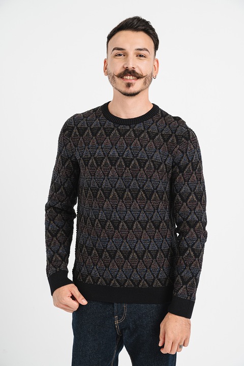 Jack & Jones, Памучен пуловер с десен, Черен/Син