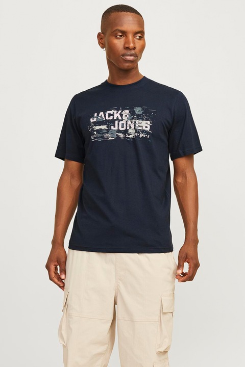 Jack & Jones, Kerek nyakú logós pamutpóló, Tengerészkék, S