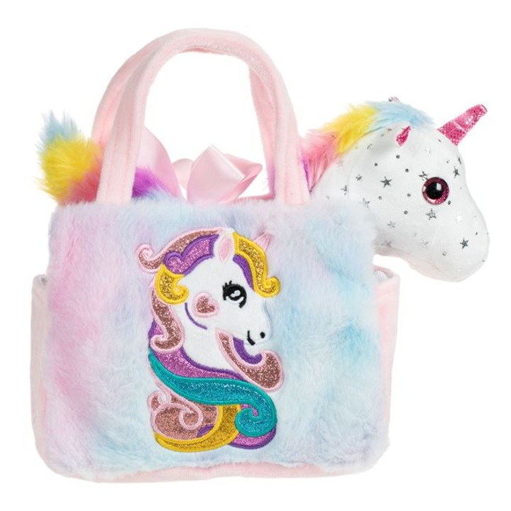 White Plus Unicorn táskában színes csillogó szőrmével 20cm