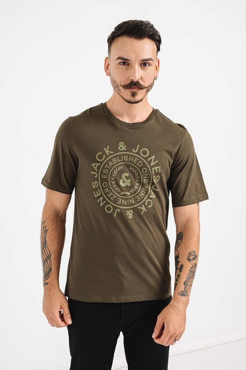 Jack & Jones, Tricou de bumbac cu imprimeu logo, Verde inchis, XL