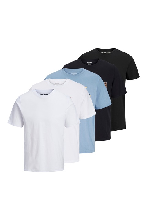 Jack & Jones, Set de tricouri de bumbac cu decolteu la baza gatului - 5 piese, Alb/Albastru