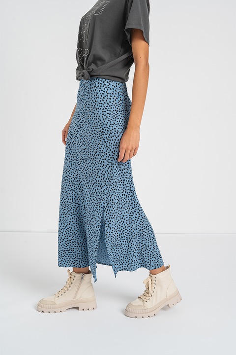 Pieces, Fusta cu model si slit frontal, Negru, Albastru prafuit, XL