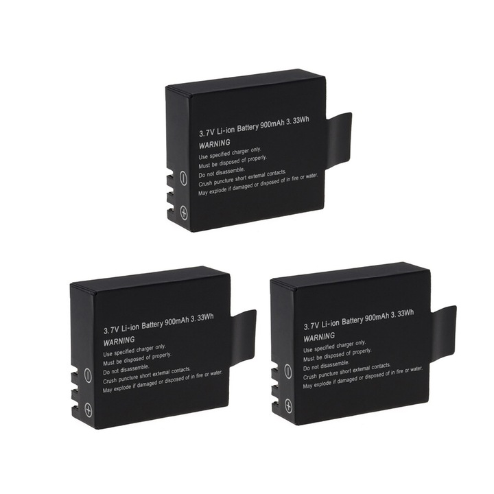 Akkumulátor 1Tech TSE-3.7V, Akciókamerákhoz, Li-ion, 900mah, 3.33Wh, Fekete, Három darab