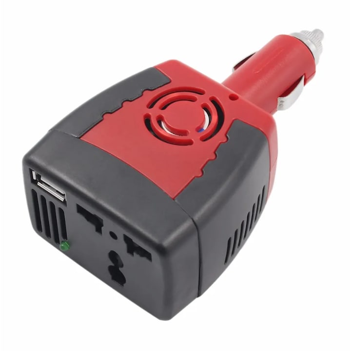 Инвертор на напрежение за кола, DC 12V към AC 220V, 150W, EU/UK контакт и USB 2.1, черен/червен