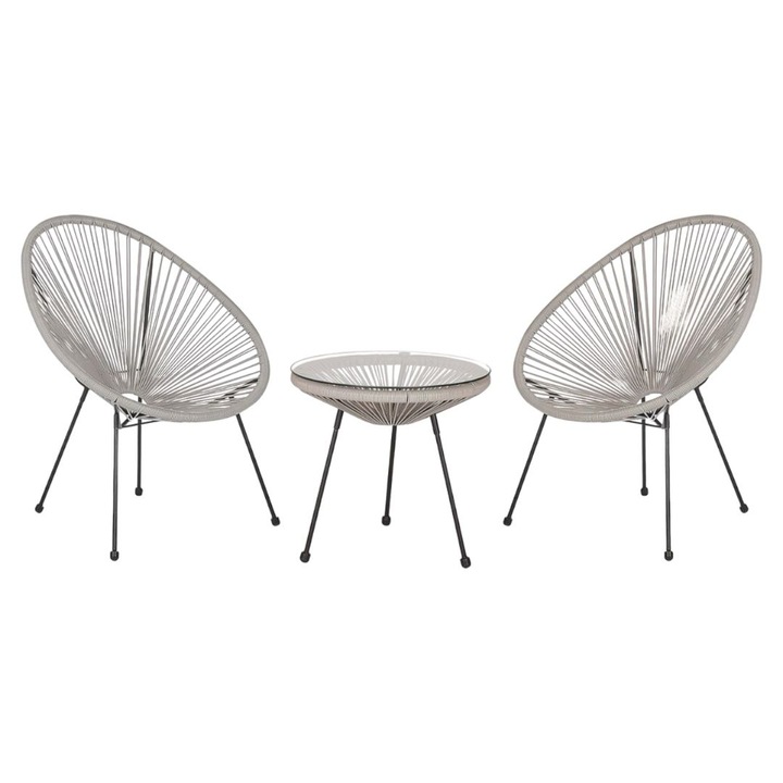 Комплект градински мебели, Акапулко, 2 стола и маса със стъклен плот от метал и изкуствен ратан, тераса, балкон, Сив