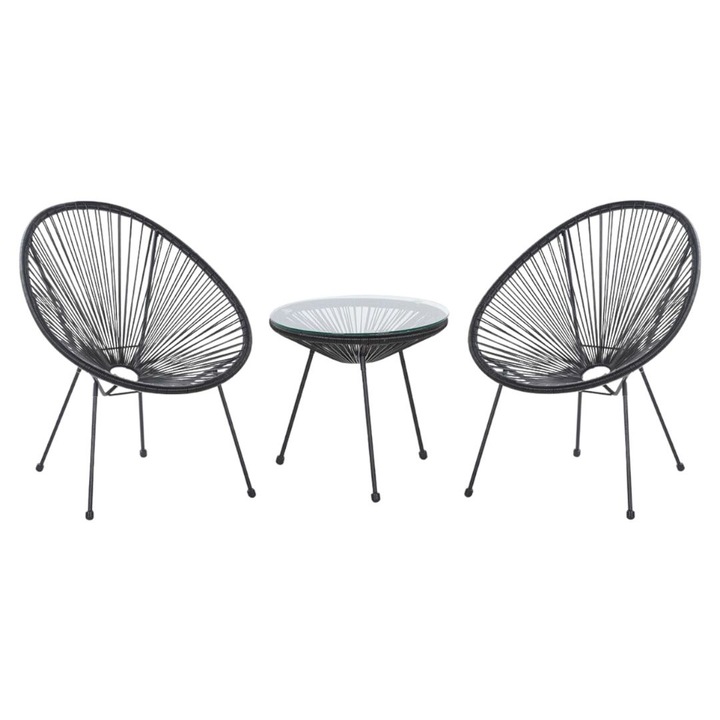 Комплект градински мебели, Акапулко, 2 стола и маса със стъклен плот от метал и изкуствен ратан, тераса, балкон, черен