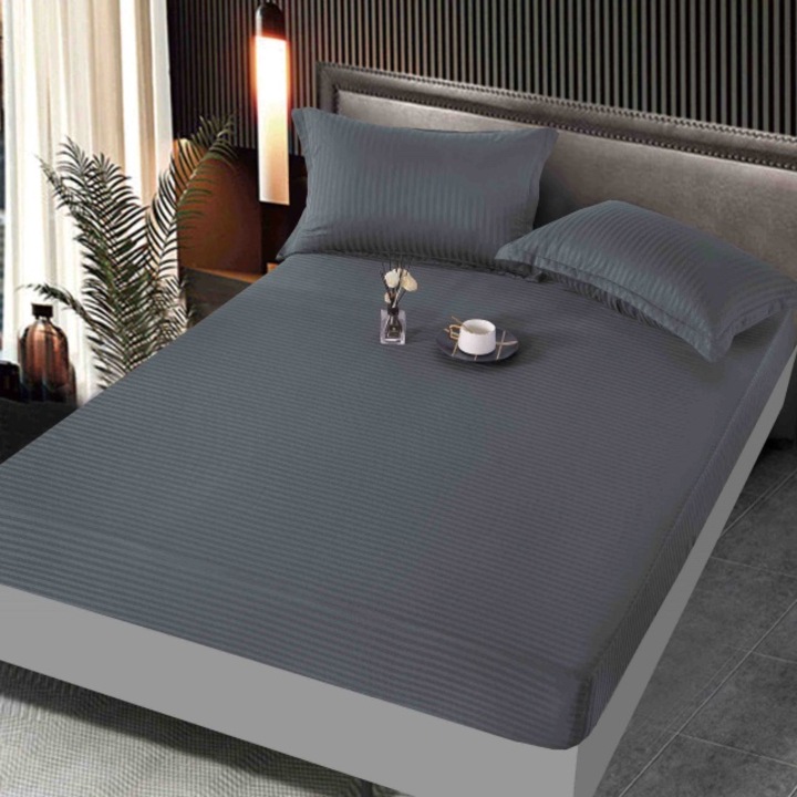 Husa de pat, cu elastic, Jojo Home, Damasc, 2 persoane, Uni, 160x200cm, Gri Inchis