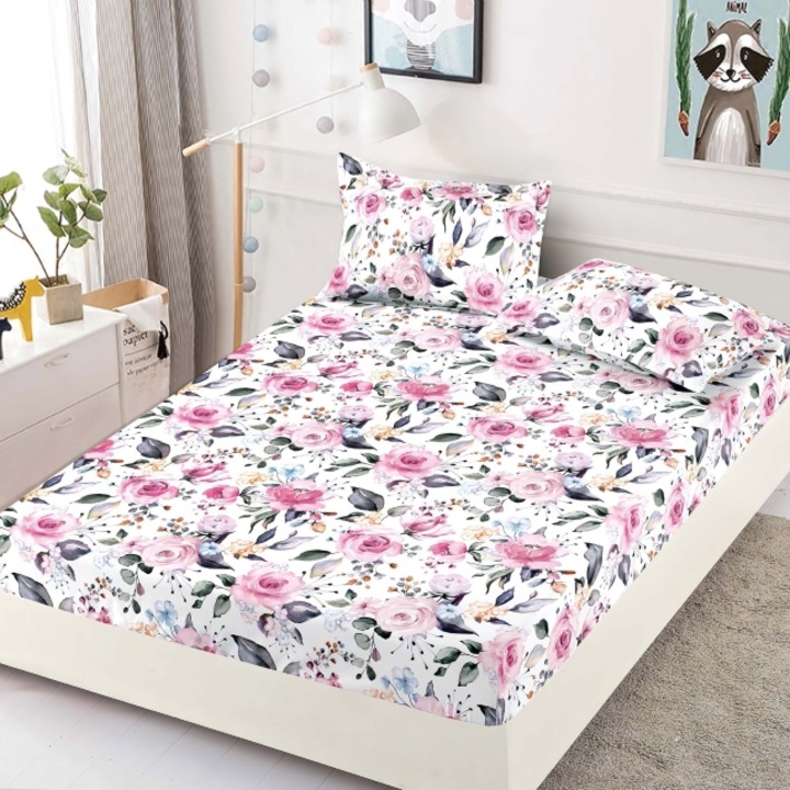 Husa de pat dublu, cu elastic, Jojo Home, Finet, 3 piese, 2 persoane, Trandafiri, 180x200cm, Multicolor