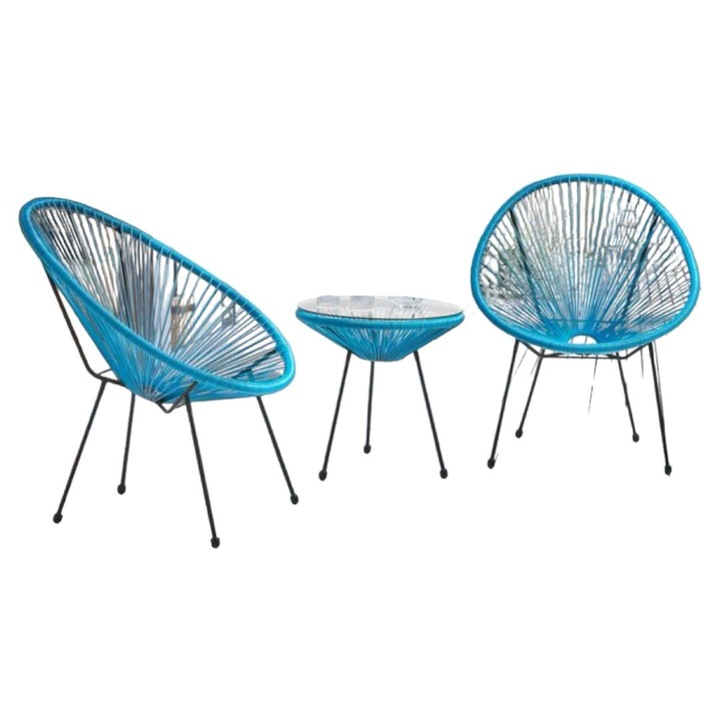 Комплект градински мебели, Акапулко, 2 стола и маса със стъклен плот от метал и изкуствен ратан, тераса, балкон, син