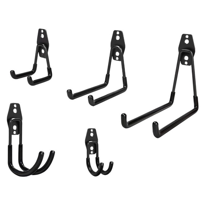Carlige pentru garaj Heavy Duty，Niks，5 modele, cate unul pentru fiecare, carlig montat pe perete, negru