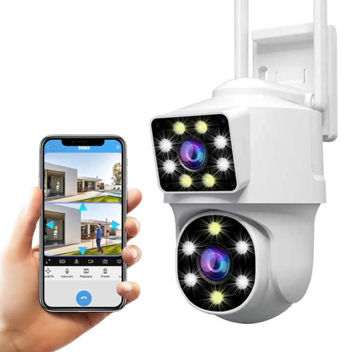 WIFI камера за наблюдение, Dual CCTV Video, DYTIMEEM, 4MP, IP66, Въртене, Цветно нощно виждане, Двупосочно аудио, Сензор за движение, Бял