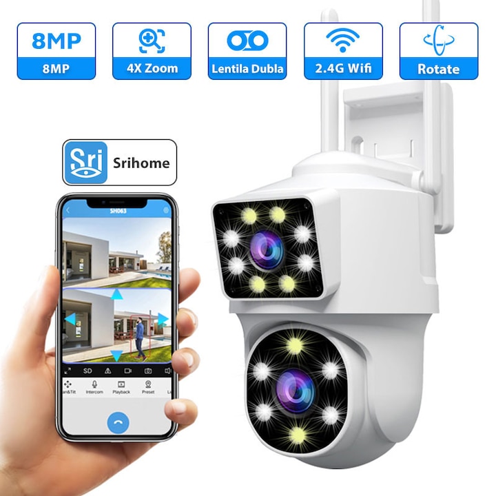 WIFI megfigyelő kamera, kettős CCTV videó, DYTIMEEM, 4 MP, IP66, forgatás, színes éjszakai látás, kétirányú hang, forgatás, mozgásérzékelő, fehér