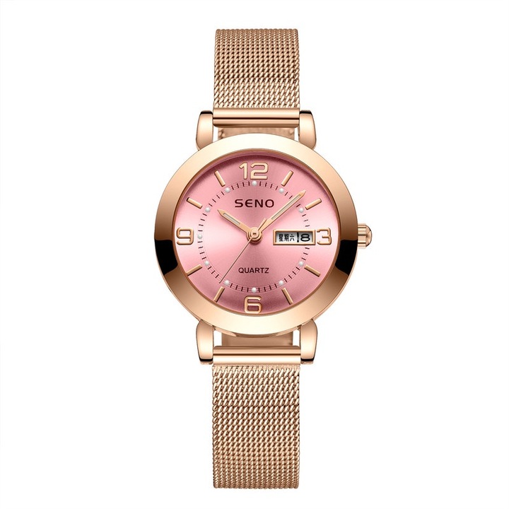 Ceas de dama, cuart, luminos, rezistent la apa 30m, calendar dublu, placat cu vacuum, roz auriu