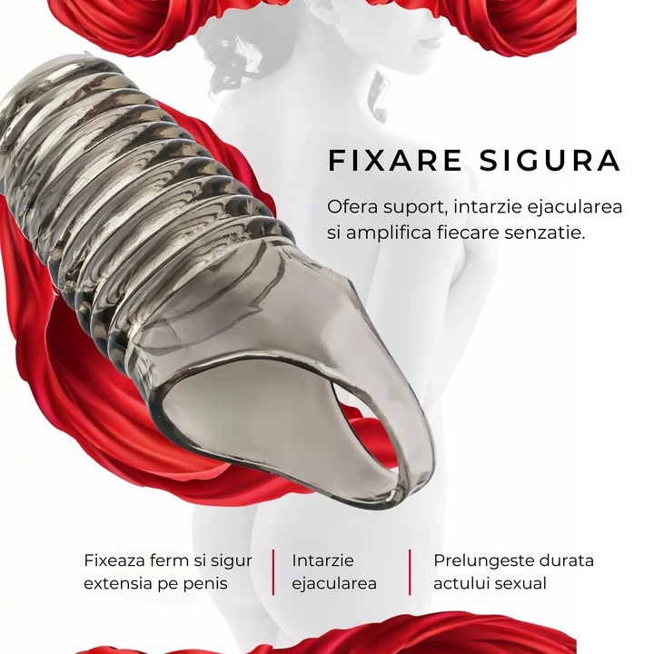 Manson de penis Obsessia® din silicon premium, cu efect de intarziere a ejacularii, design striat pentru stimulare intensa, fixare sigura cu inel de prindere, negru, 11.5 x 3.5 cm, jucarii sexuale barbati