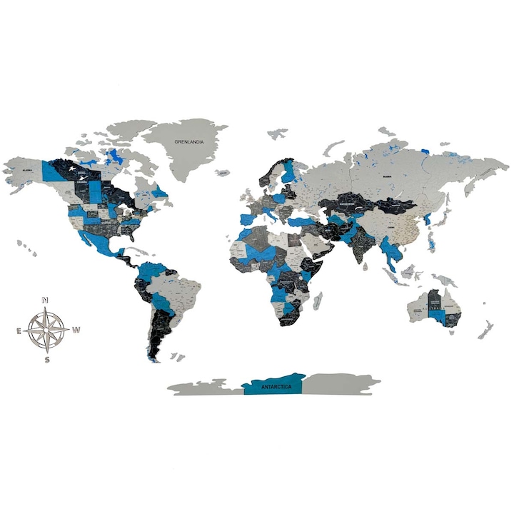 Harta lumii premium 3d din lemn, MIDNIGHT Birdywing® 250x125 cm