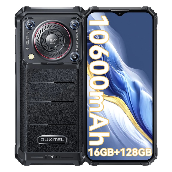 Mobiltelefon Oukitel WP36, 4G, 6,52" HD+, 8GB RAM (8GB + 8GB bővíthető), 128GB ROM, Android 13, MediaTek 8788, 8D 128db digitális hang, NFC, ujjlenyomat, 10600mAh, Dual SIM