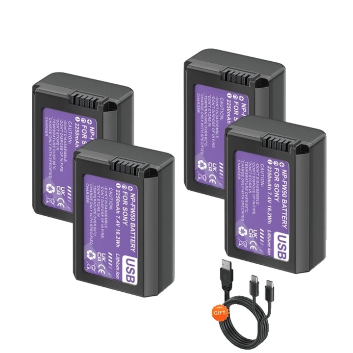 Set 4 acumulatori compatibili Sony Alpha/NEX, 2250mAh, 7.4V, incarcare Type-C, negru