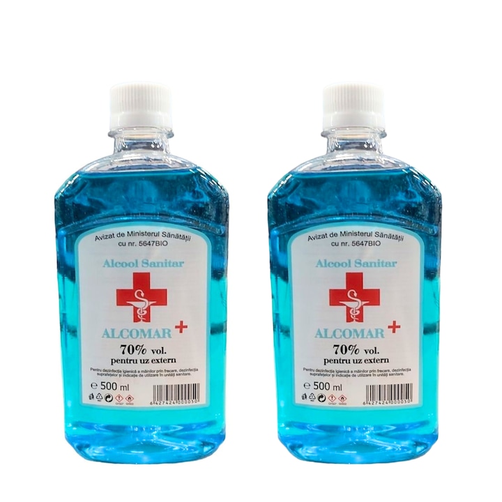 Set 2x Alcool Sanitar Alcomar, Efect Anti-Bacterian, Concentratie 70% alc, 500ml