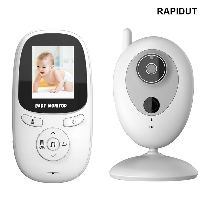 Baby Monitor RAPIDUT®, Audio-video, Wireless, Fara fir, Vedere nocturna, Cantece de leagan incorporate, Camera interfon, Detectare temperatura camera, display LCD, Fara inregistrare, 2400MHz, R306, ALB