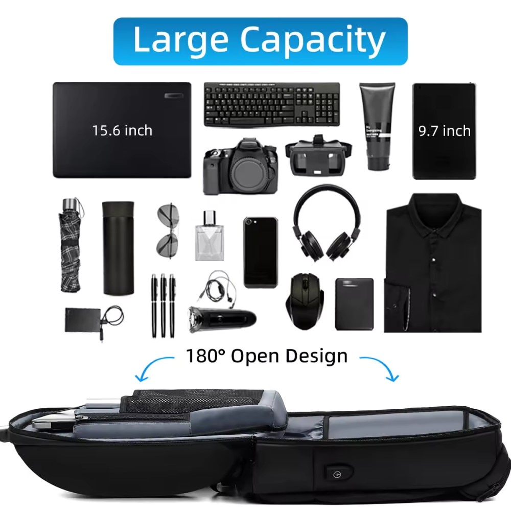 Rucsac laptop 15.6", business casual, impermeabil, cu port USB, GETICS, 30x15x48 cm, Negru