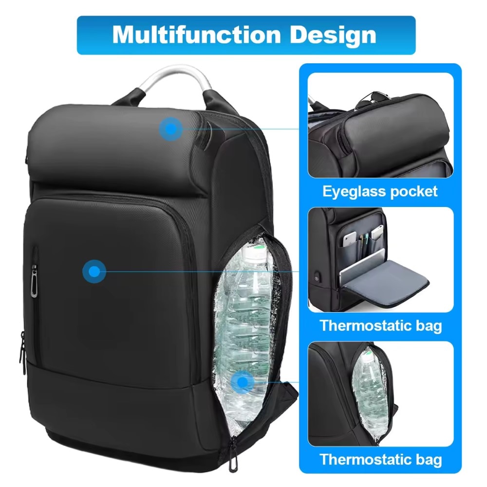 Rucsac laptop 15.6", business casual, impermeabil, cu port USB, GETICS, 30x15x48 cm, Negru
