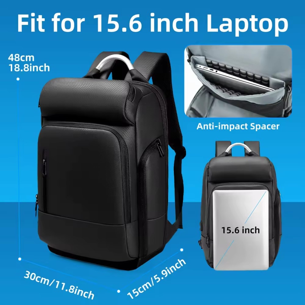 Rucsac laptop 15.6", business casual, impermeabil, cu port USB, GETICS, 30x15x48 cm, Negru