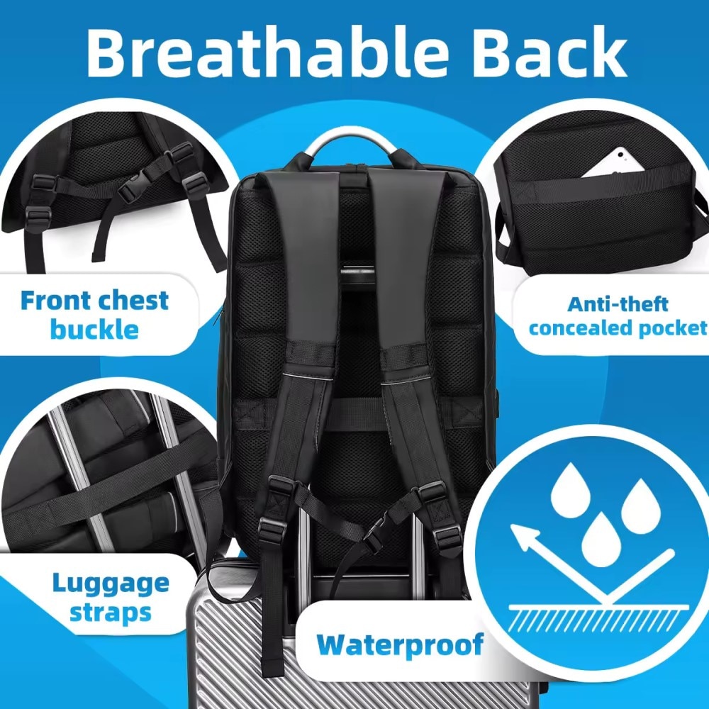Rucsac laptop 15.6", business casual, impermeabil, cu port USB, GETICS, 30x15x48 cm, Negru