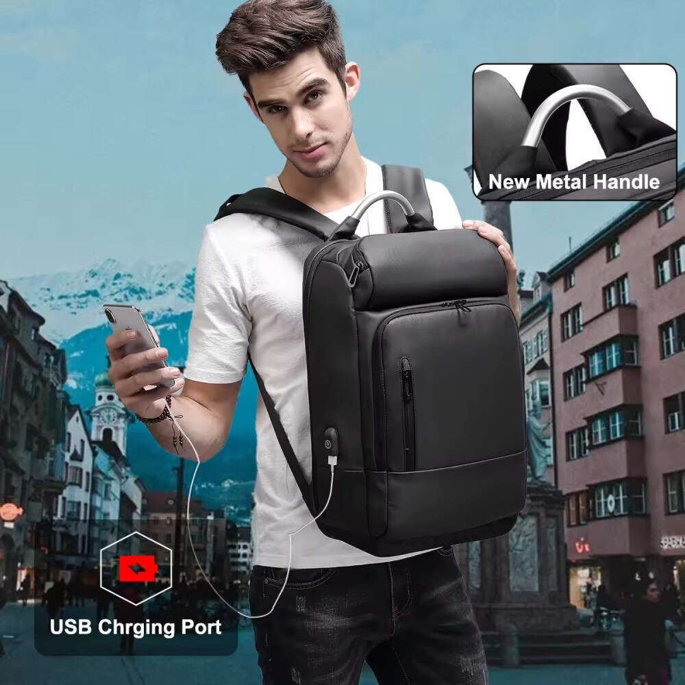 Rucsac laptop 15.6", business casual, impermeabil, cu port USB, GETICS, 30x15x48 cm, Negru