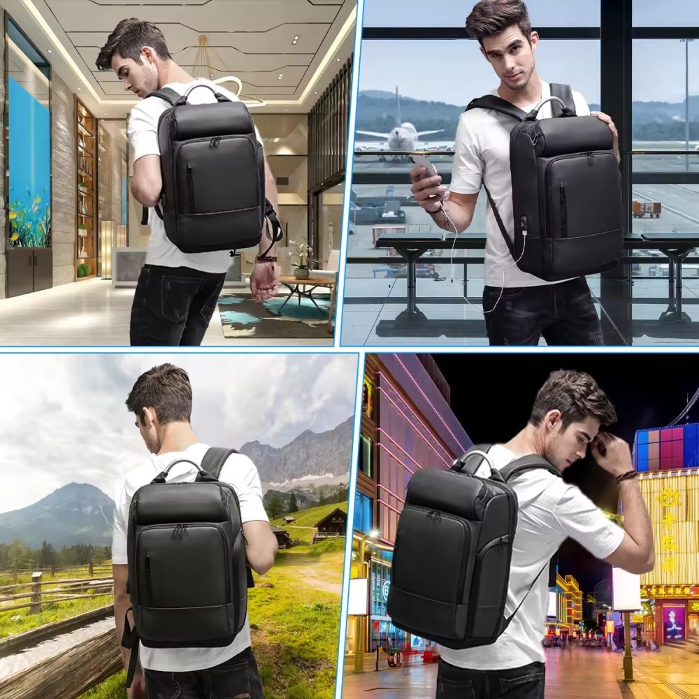Rucsac laptop 15.6", business casual, impermeabil, cu port USB, GETICS, 30x15x48 cm, Negru