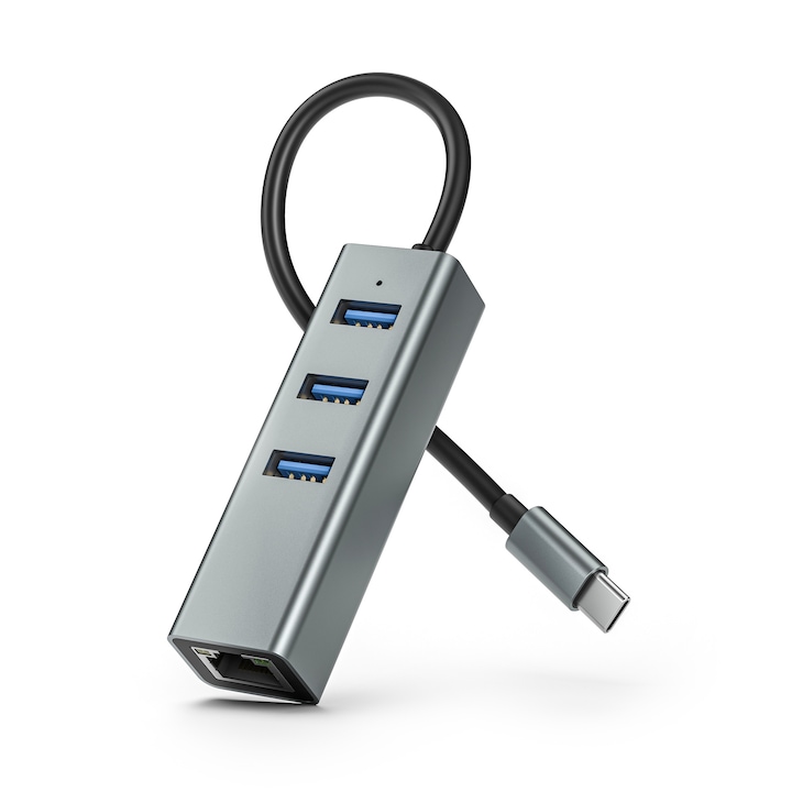 USB-C хъб, 4 в 1, 1000M LAN Ethernet, 3 USB 3.0, алуминий, сив
