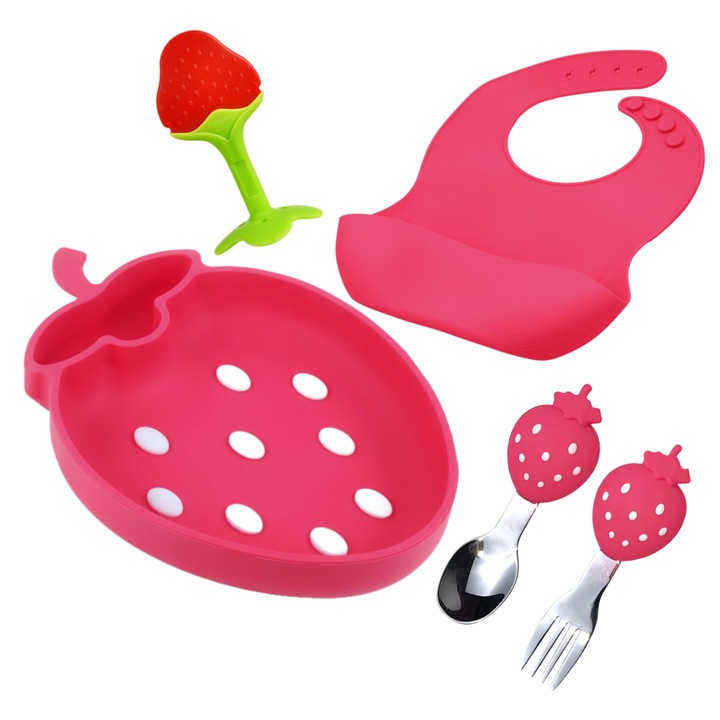 Set de hranire, diversificare bebelusi si copii, in forma de Capsuna, 6+ luni, Glossyss™, non-toxic, fara BPA, fara alergeni, compus din farfurie, baveta reglabila, lingura, furculita, si jucarie de dentitie, roz