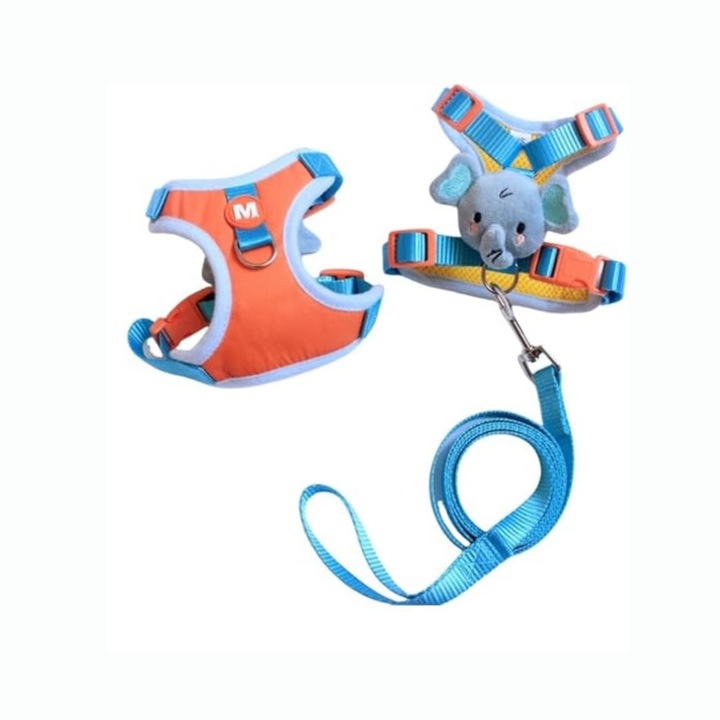 Ham cu lesa pentru caini si pisici de talie mica, DABISY, model ELEFANT, material confortabil si respirabil, usor de folosit, lavabil si versatil, reflectorizant, fixare si ajustare sigura, turcoaz portocaliu, plus forfecuta unghii