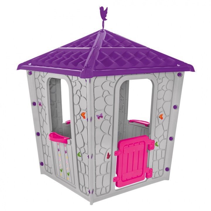 Casuta de gradina pentru copii Pilsan Stone House Gri/Mov, utilizare interior/exterior, plastic rezistent UV, design realist, usa cu deschidere, 85x85x115 cm