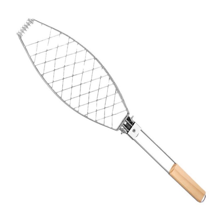 Gratar grill pentru peste Ronyes, inox, maner lemn, 68x15cm