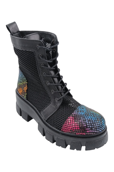 Ghete dama casual, piele naturala, plasa neagra, talpa usoara, crampoane mari, sarpe colorat, negru,