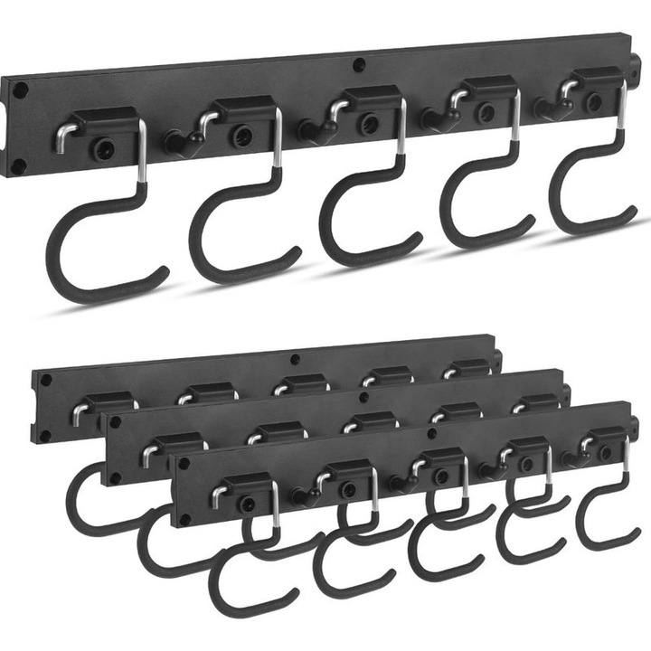 Set suport perete pentru unelte de gradina, Niks, 4 piese, 40x162cm, negru, cu carlige S si drepte
