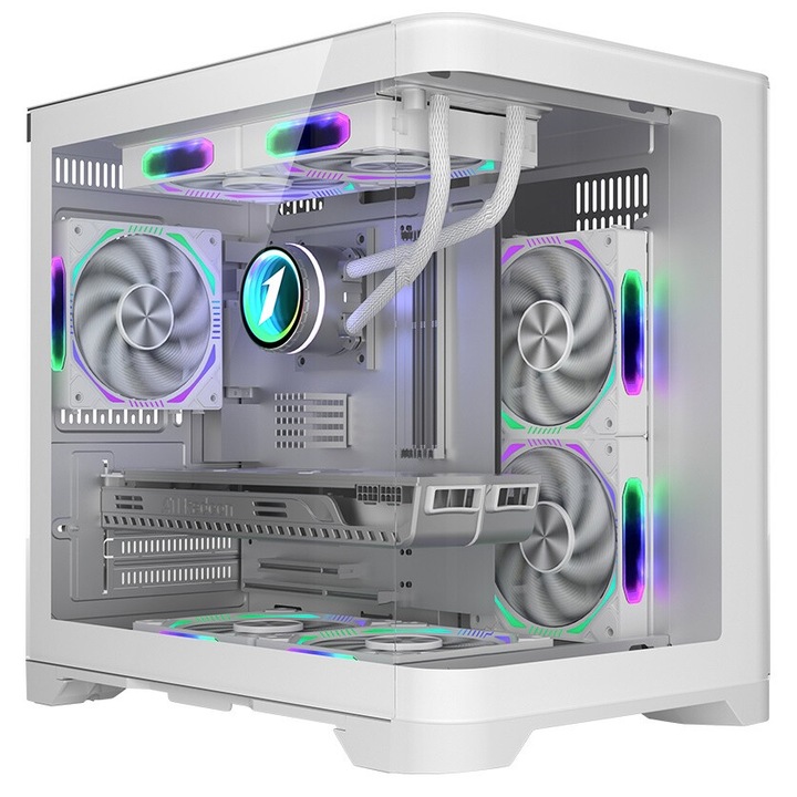 Гейминг компютърна кутия 1stPLAYER UV5, aRGB, Cube-Tower, M-ATX/ITX, без захранване, бял цвят