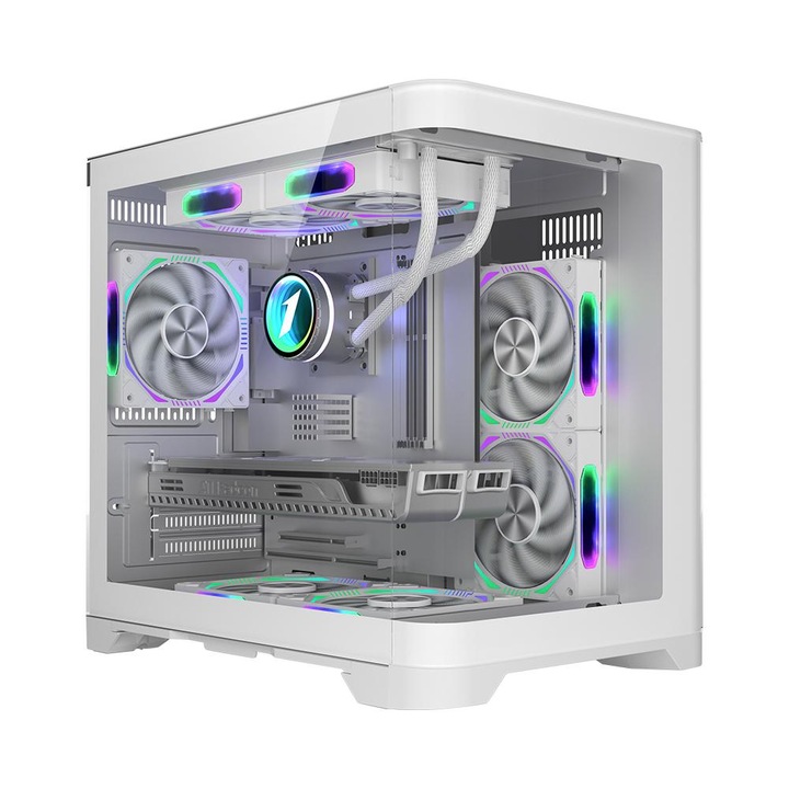 Carcasa 1stPlayer® gaming UV5-wh, 5 ventilatoare aRGB infinity efect plus PWM, telecomanda, Micro-ATX, alb