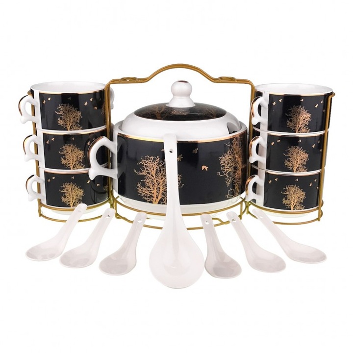 Set din ceramica pentru supa format din sase boluri si sase linguri, un polonic si o supiera, 45x23 cm negru