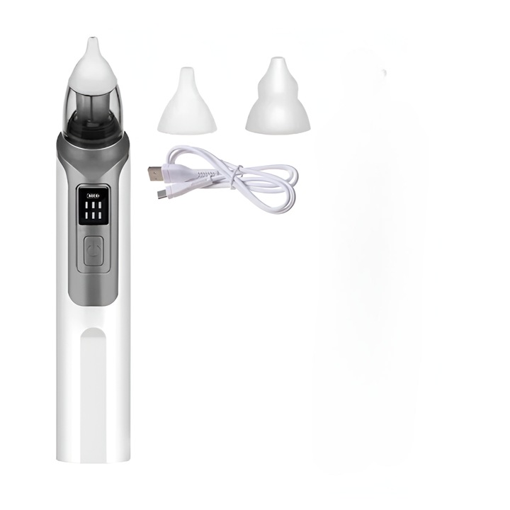 Elektromos orrszívó csecsemőknek NO-100, gyermekek, hordozható, csendes, 6 teljesítményszint, USB töltés, akkumulátorral, 2 orvosi szilikon hegy, fehér, Neo™