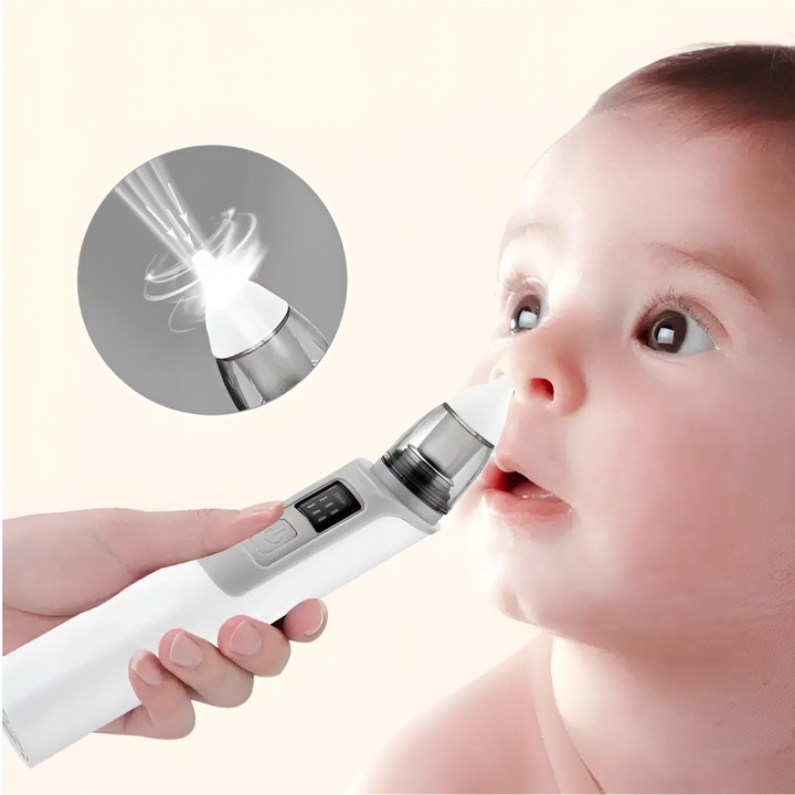 Elektromos orrszívó csecsemőknek NO-100, gyermekek, hordozható, csendes, 6 teljesítményszint, USB töltés, akkumulátorral, 2 orvosi szilikon hegy, fehér, Neo™